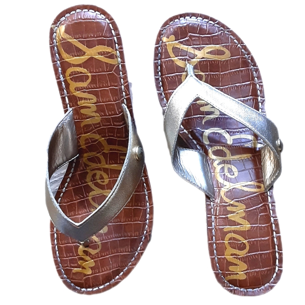 SAM EDELMAN  ROMY WEDGE SANDALS GOLD THONG SZ 6.5 PERFECT CONDITION
